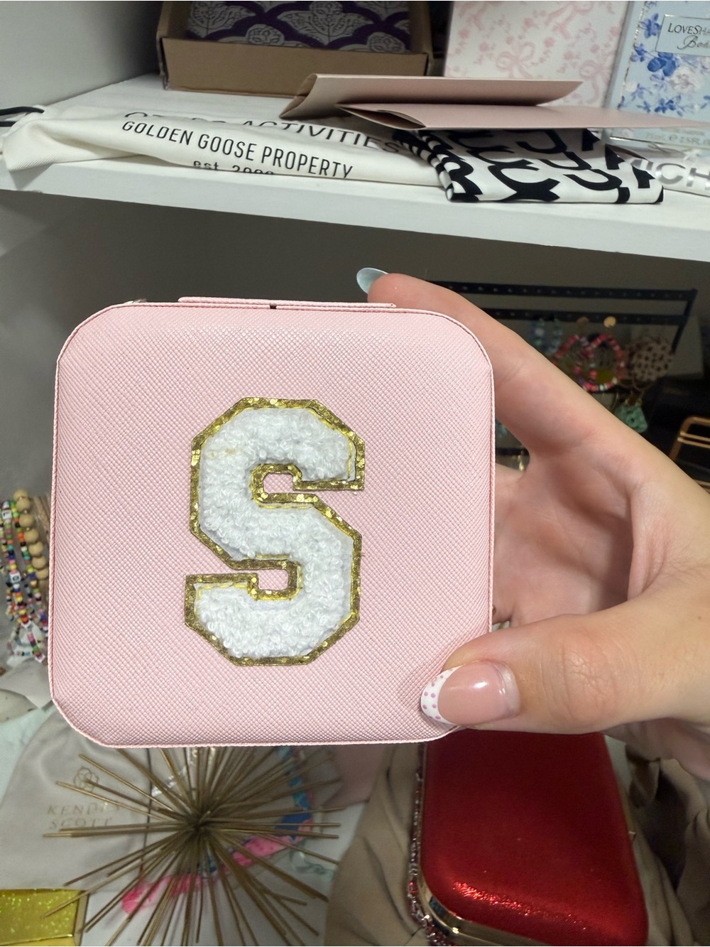 Pink Square Jewelry Case with White S Sequin Patch